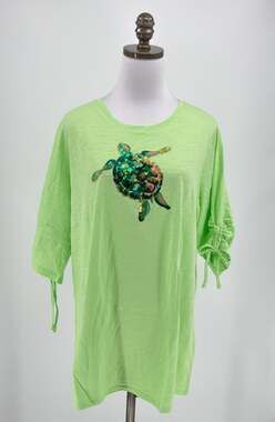 Quacker Factory Lime Green Sequin Sea Turtle Cotton Blend Knit Top Sz 1X NEW